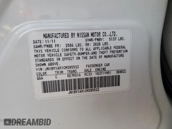 2012 Infiniti M37 with VIN JN1BY1AR1CM395522, listed as a Copart auction lot 76768224 with 163,422 mi miles and Salvage Title. Bid and sale history available at carsss.com. Image 14.
