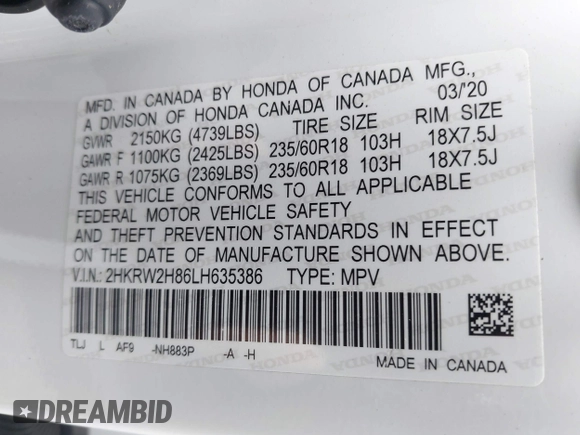 2020 Honda CR-V EX-L with VIN 2HKRW2H86LH635386, listed as a IAAI auction lot 42020216 with 46,291 mi miles and . Bid and sale history available at DreamBid. Image 9.