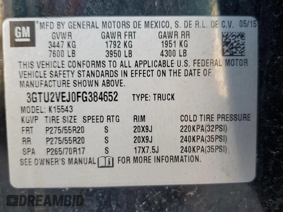 2015 GMC Sierra 1500 SLT with VIN 3GTU2VEJ0FG384652, listed as a Copart auction lot 83015254 with 179,759 mi miles and Salvage Title. Bid and sale history available at DreamBid. Image 12.