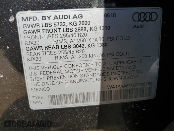 2018 Audi SQ5 Premium Plus with VIN WA1A4AFY0J2205183, listed as a Copart auction lot 65414304 with 53,868 mi miles and Salvage Title. Bid and sale history available at DreamBid. Image 12.