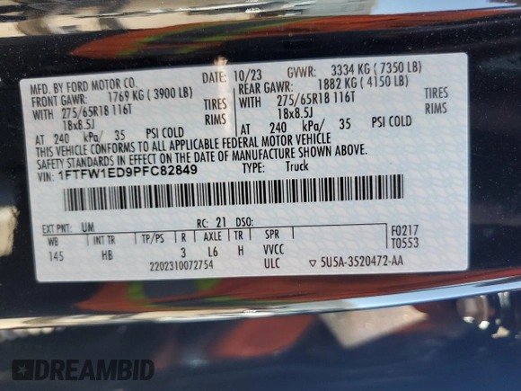 2023 Ford F-150 XL z VIN 1FTFW1ED9PFC82849, wystawiony jako Copart lot #57605605 z przebiegiem 22 823 mil mil oraz Szkoda całkowita • Salvage title. Historia ofert i sprzedaży dostępna na DreamBid. Obrazek 13.