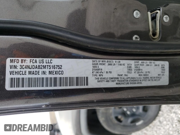 2021 Jeep Compass Sport with VIN 3C4NJDAB2MT516752, listed as a Copart auction lot 49708635 with 58,970 mi miles and Salvage Title. Bid and sale history available at DreamBid. Image 15.