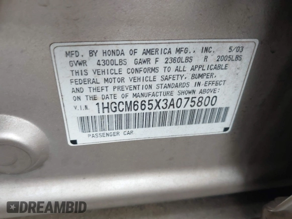 2003 Honda Accord EX z VIN 1HGCM665X3A075800, wystawiony jako IAAI lot #42231769 z przebiegiem 180 000 mil mil oraz . Historia ofert i sprzedaży dostępna na DreamBid. Obrazek 9.
