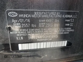 2016 Hyundai Sonata SE with VIN 5NPE24AF0GH419165, listed as a Copart auction lot 48587005 with 34,499 mi miles and Salvage Title. Bid and sale history available at carsss.com. Image 12.