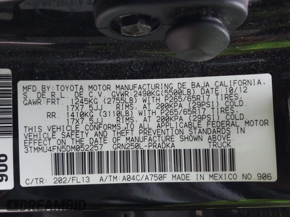 2013 Toyota Tacoma with VIN 3TMMU4FN5DM052257, listed as a IAAI auction lot 41260265 with 121,882 mi miles. Bid and sale history available at carsss.com. Image 9.
