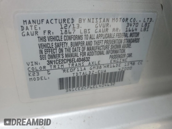 2014 Nissan Note S with VIN 3N1CE2CP6EL404632, listed as a Copart auction lot 53788115 with 123,525 mi miles and Clean Title. Bid and sale history available at DreamBid. Image 12.