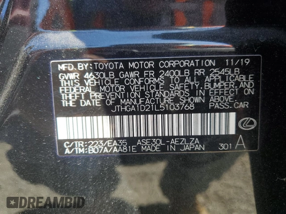 2020 Lexus IS with VIN JTHGA1D21L5103768, listed as a Copart auction lot 51865585 with 25,972 mi miles and Salvage Title. Bid and sale history available at carsss.com. Image 12.