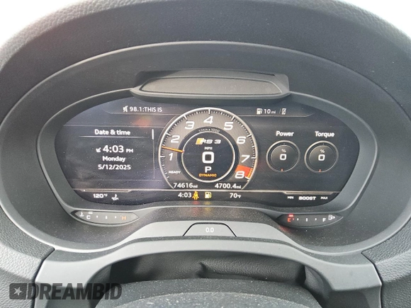2019 Audi RS 3 with VIN WUABWGFF8KA905081, listed as a Copart auction lot 54592515 with 74,616 mi miles and Salvage title. Bid and sale history available at DreamBid. Image 9.