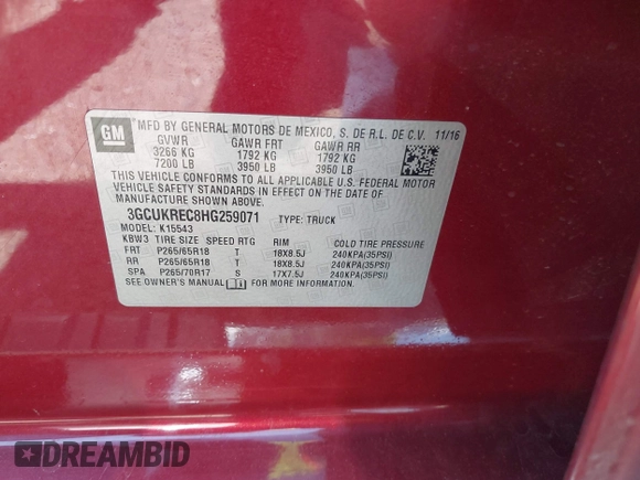 2017 Chevrolet Silverado 1500 LT with VIN 3GCUKREC8HG259071, listed as a IAAI auction lot 42078117 with 158,606 mi miles and . Bid and sale history available at DreamBid. Image 9.