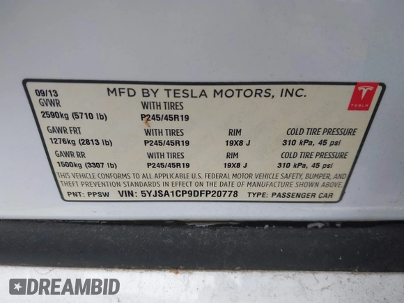 2013 Tesla Model S Performance z VIN 5YJSA1CP9DFP20778, wystawiony jako IAAI lot #42511532 z przebiegiem Nie podano mil oraz . Historia ofert i sprzedaży dostępna na DreamBid. Obrazek 9.