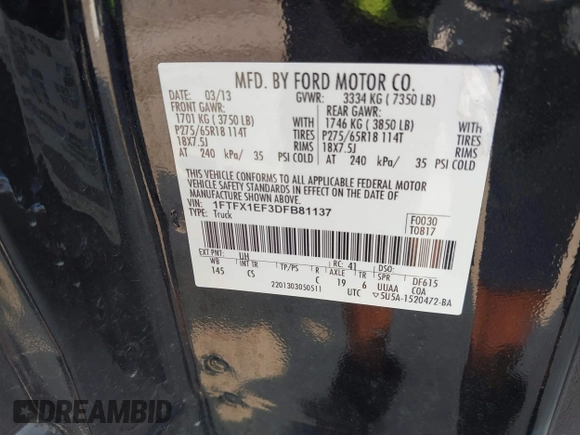 2013 Ford F-150 XL z VIN 1FTFX1EF3DFB81137, wystawiony jako IAAI lot #42426728 z przebiegiem 208 700 mil mil oraz . Historia ofert i sprzedaży dostępna na DreamBid. Obrazek 9.