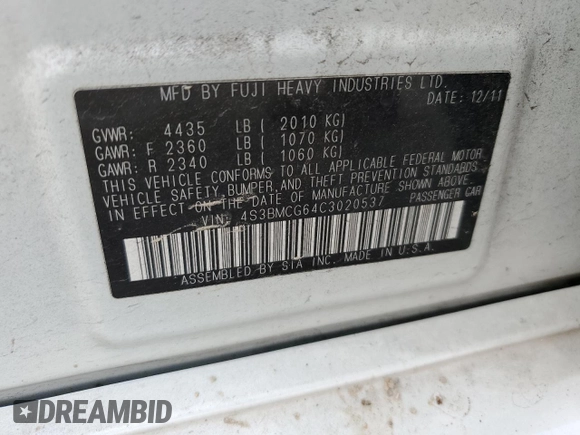 2012 Subaru Legacy Premium z VIN 4S3BMCG64C3020537, wystawiony jako Copart lot #54075685 z przebiegiem 68 353 mil mil oraz Szkoda całkowita • Salvage title. Historia ofert i sprzedaży dostępna na DreamBid. Obrazek 12.