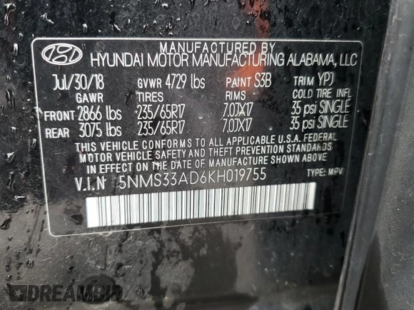 2019 Hyundai Santa Fe SEL with VIN 5NMS33AD6KH019755, listed as a Copart auction lot 36478733 with 67,313 mi miles and . Bid and sale history available at DreamBid. Image 13.