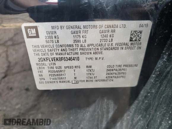 2015 GMC Terrain SLE with VIN 2GKFLVEK8F6346410, listed as a Copart auction lot 52746285 with 65,356 mi miles and Clean Title. Bid and sale history available at carsss.com. Image 13.
