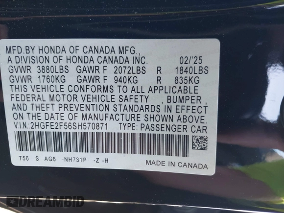 2025 Honda Civic Sport with VIN 2HGFE2F56SH570871, listed as a IAAI auction lot 42014246 with 1,255 mi miles and . Bid and sale history available at DreamBid. Image 9.