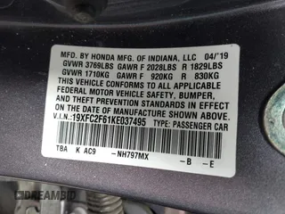 2019 Honda Civic LX with VIN 19XFC2F61KE037495, listed as a IAAI auction lot 41891007 with 90,262 mi miles and . Bid and sale history available at DreamBid. Image 9.