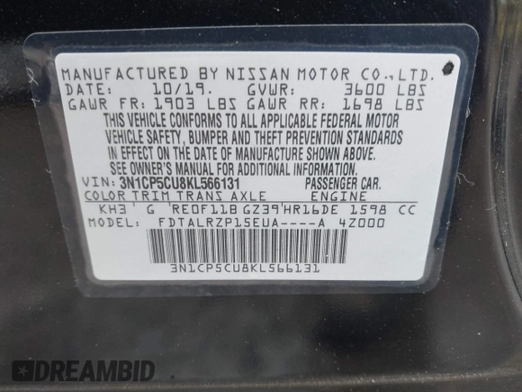 2019 Nissan Kicks SR with VIN 3N1CP5CU8KL566131, listed as a IAAI auction lot 41871449 with 41,041 mi miles and . Bid and sale history available at carsss.com. Image 9.