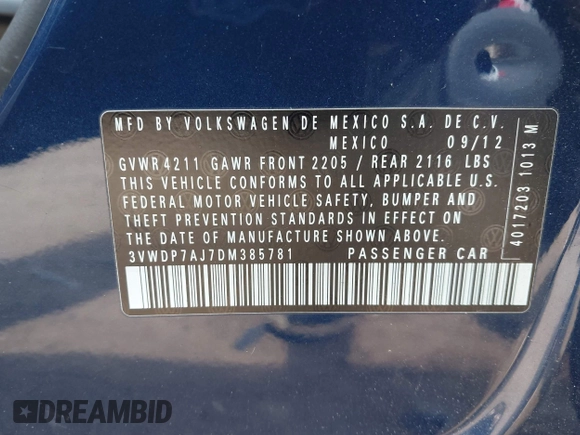 2013 Volkswagen Jetta SE with VIN 3VWDP7AJ7DM385781, listed as a IAAI auction lot 42160368 with 95,550 mi miles and . Bid and sale history available at DreamBid. Image 9.