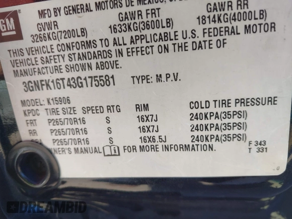 2003 Chevrolet Suburban LT z VIN 3GNFK16T43G175581, wystawiony jako IAAI lot #41584032 z przebiegiem Nie podano mil oraz . Historia ofert i sprzedaży dostępna na DreamBid. Obrazek 9.