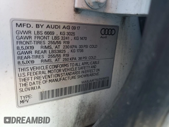 2018 Audi Q7 Premium Plus with VIN WA1LAAF70JD015073, listed as a Copart auction lot 63187185 with 86,353 mi miles and Salvage title. Bid and sale history available at DreamBid. Image 13.
