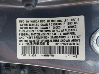 2019 Honda Insight Touring with VIN 19XZE4F95KE001192, listed as a IAAI auction lot 41956216 with Not Provided miles and . Bid and sale history available at carsss.com. Image 9.