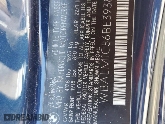 2011 BMW Z4 sDrive35is with VIN WBALM1C56BE393858, listed as a Copart auction lot 74249954 with Not provided miles and Salvage title. Bid and sale history available at DreamBid. Image 13.