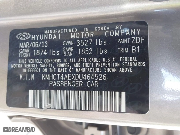 2013 Hyundai Accent GLS with VIN KMHCT4AEXDU464526, listed as a IAAI auction lot 41904354 with 157,368 mi miles. Bid and sale history available at carsss.com. Image 9.