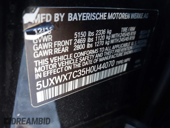 2017 BMW X3 xDrive35i with VIN 5UXWX7C35H0U44070, listed as a IAAI auction lot 41510326 with Not Provided miles and . Bid and sale history available at DreamBid. Image 9.
