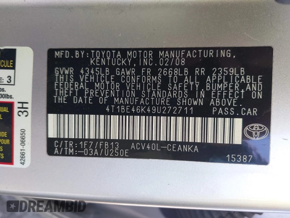2009 Toyota Camry with VIN 4T1BE46K49U272711, listed as a IAAI auction lot 42183313 with 84,627 mi miles and . Bid and sale history available at DreamBid. Image 9.