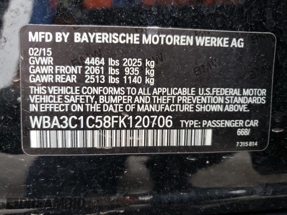 2015 BMW 3 Series 328i with VIN WBA3C1C58FK120706, listed as a Copart auction lot 54318135 with 119,988 mi miles and Salvage title. Bid and sale history available at DreamBid. Image 13.