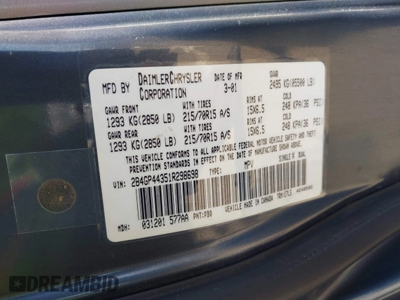2001 Dodge Caravan Sport with VIN 2B4GP44351R298698, listed as a IAAI auction lot 42035781 with 203,496 mi miles and . Bid and sale history available at DreamBid. Image 9.