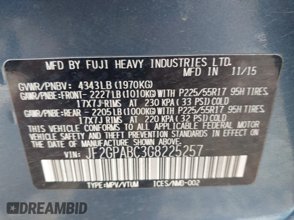 2016 Subaru Crosstrek Premium with VIN JF2GPABC3G8225257, listed as a IAAI auction lot 42422982 with 92,290 mi miles and . Bid and sale history available at DreamBid. Image 9.