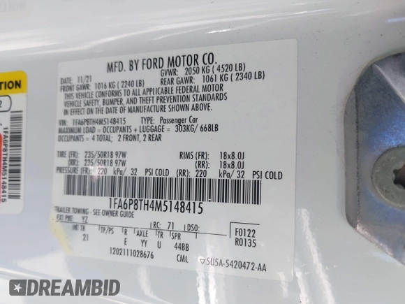 2021 Ford Mustang EcoBoost with VIN 1FA6P8TH4M5148415, listed as a IAAI auction lot 41945395 with 51,599 mi miles and . Bid and sale history available at DreamBid. Image 9.