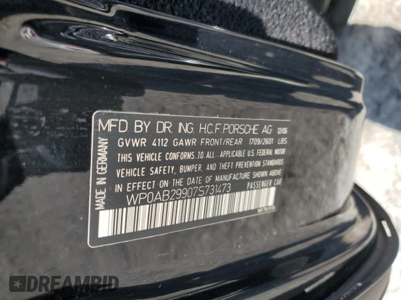 2007 Porsche 911 Carrera S with VIN WP0AB29907S731473, listed as a Copart auction lot 43284385 with 81,597 mi miles and Salvage Title. Bid and sale history available at carsss.com. Image 12.