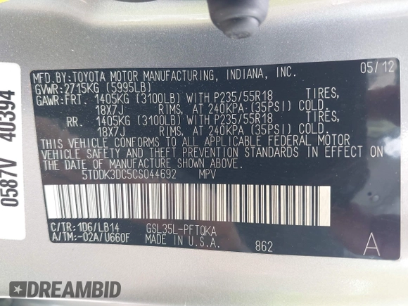 2012 Toyota Sienna XLE z VIN 5TDDK3DC5CS044692, wystawiony jako IAAI lot #42392574 z przebiegiem 185 242 mil mil oraz . Historia ofert i sprzedaży dostępna na DreamBid. Obrazek 9.