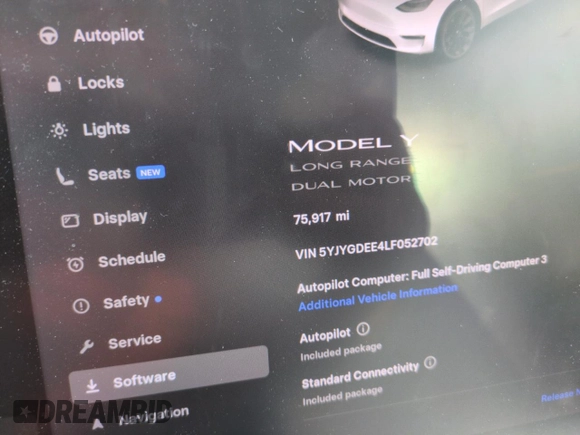 2020 Tesla Model Y Long Range z VIN 5YJYGDEE4LF052702, wystawiony jako Copart lot #53243385 z przebiegiem 75 917 mil mil oraz Szkoda całkowita • Salvage title. Historia ofert i sprzedaży dostępna na DreamBid. Obrazek 9.