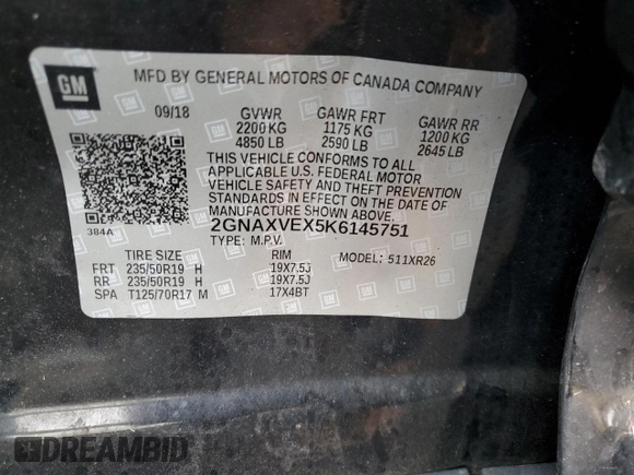 2019 Chevrolet Equinox LT with VIN 2GNAXVEX5K6145751, listed as a Copart auction lot 45759235 with 72,590 mi miles and Salvage Title. Bid and sale history available at carsss.com. Image 15.