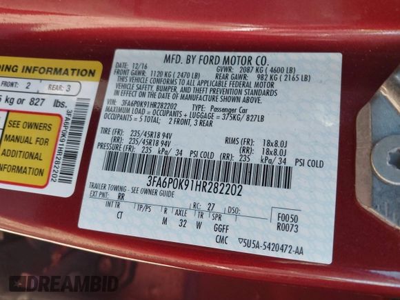 2017 Ford Fusion Titanium with VIN 3FA6P0K91HR282202, listed as a IAAI auction lot 41902812 with 110,920 mi miles. Bid and sale history available at carsss.com. Image 9.