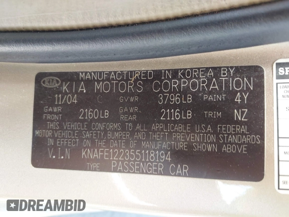 2005 Kia Spectra LX z VIN KNAFE122355118194, wystawiony jako IAAI lot #42454058 z przebiegiem 125 456 mil mil oraz . Historia ofert i sprzedaży dostępna na DreamBid. Obrazek 9.