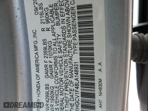 2020 Honda Accord EX with VIN 1HGCV1F48LA148931, listed as a Copart auction lot 58797725 with 46,349 mi miles and Salvage title. Bid and sale history available at DreamBid. Image 12.