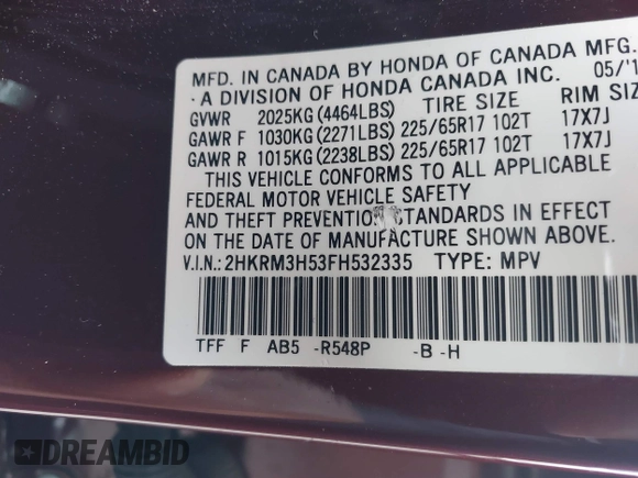 2015 Honda CR-V EX with VIN 2HKRM3H53FH532335, listed as a IAAI auction lot 41896405 with Not Provided miles and . Bid and sale history available at carsss.com. Image 9.