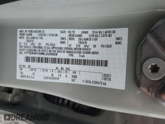 2021 Ford Ranger XL with VIN 1FTER4FH0MLD25929, listed as a Copart auction lot 36765853 with 21,103 mi miles and . Bid and sale history available at DreamBid. Image 13.