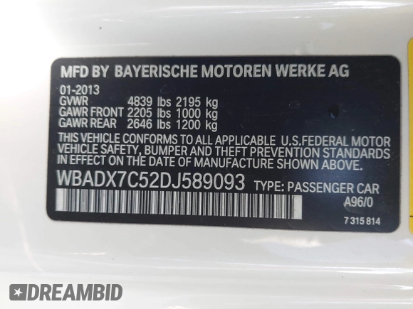 2013 BMW 3 Series 335i with VIN WBADX7C52DJ589093, listed as a IAAI auction lot 42159570 with 107,924 mi miles and . Bid and sale history available at DreamBid. Image 9.