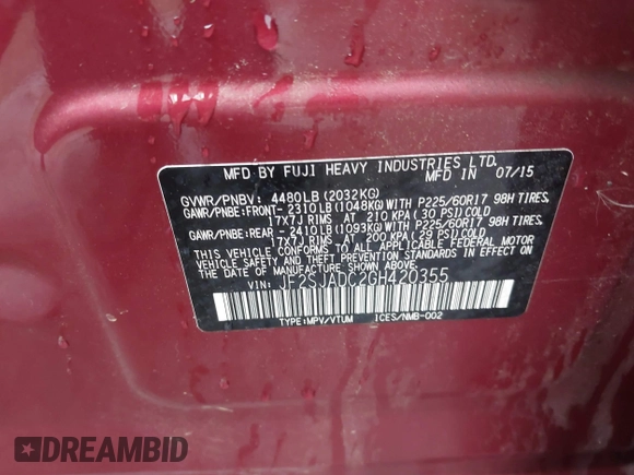 2016 Subaru Forester 2.5i Premium with VIN JF2SJADC2GH420355, listed as a IAAI auction lot 41843008 with 162,249 mi miles. Bid and sale history available at carsss.com. Image 9.