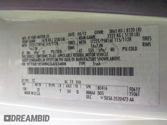 2012 Ford Econoline Cargo Commercial with VIN 1FTNE1EW6CDA93498, listed as a IAAI auction lot 42041801 with 105,555 mi miles and . Bid and sale history available at carsss.com. Image 9.