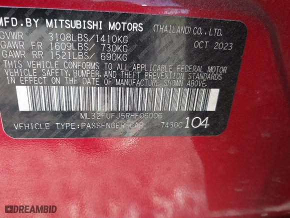 2024 Mitsubishi Mirage G4 ES with VIN ML32FUFJ5RHF06006, listed as a IAAI auction lot 41998481 with 11,560 mi miles. Bid and sale history available at carsss.com. Image 9.