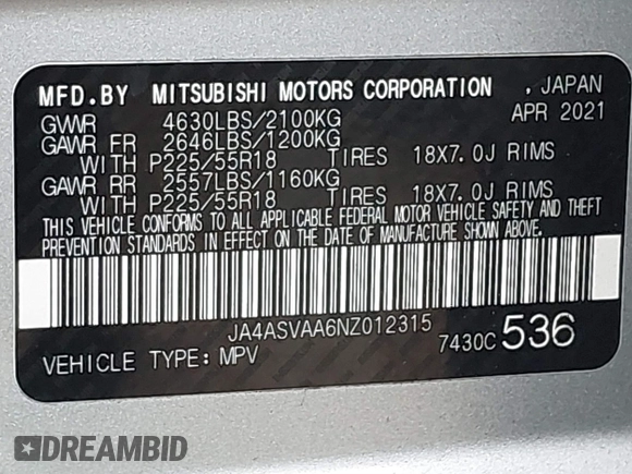 2022 Mitsubishi Eclipse Cross LE с VIN JA4ASVAA6NZ012315, выставлен на аукционе IAAI как лот 41726087 с пробегом 69 063 миль миль и . История ставок и продаж доступна на DreamBid. Изображение 9.