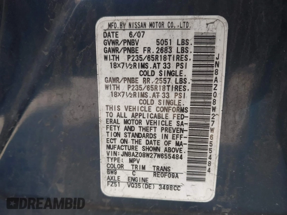 2007 Nissan Murano SL with VIN JN8AZ08W27W655484, listed as a IAAI auction lot 42160461 with 179,476 mi miles and . Bid and sale history available at DreamBid. Image 9.