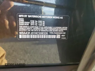 2024 BMW 5 Series 530i with VIN WBA43FJ01RCS08326, listed as a Copart auction lot 75218854 with 0 mi miles and Salvage Title. Bid and sale history available at carsss.com. Image 12.