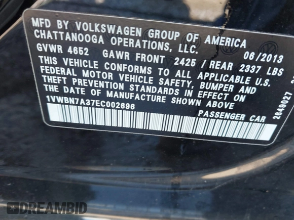 2014 Volkswagen Passat SE с VIN 1VWBN7A37EC002696, выставлен на аукционе IAAI как лот 42308028 с пробегом 165 111 миль миль и . История ставок и продаж доступна на DreamBid. Изображение 9.
